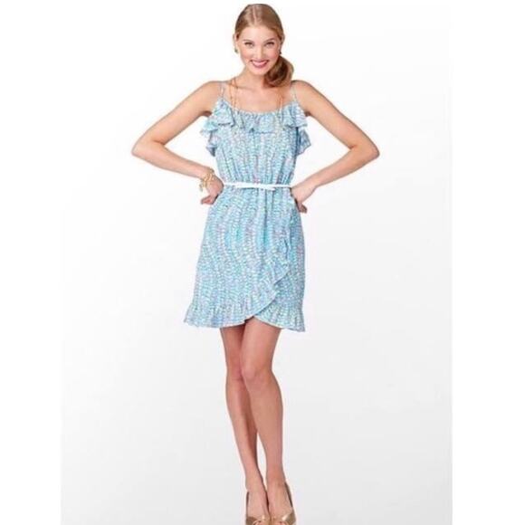 Lilly Pulitzer Dress Womens XS Blue Kalen Clam Jam Ruffle Spaghetti Strap Mini - Picture 1 of 11